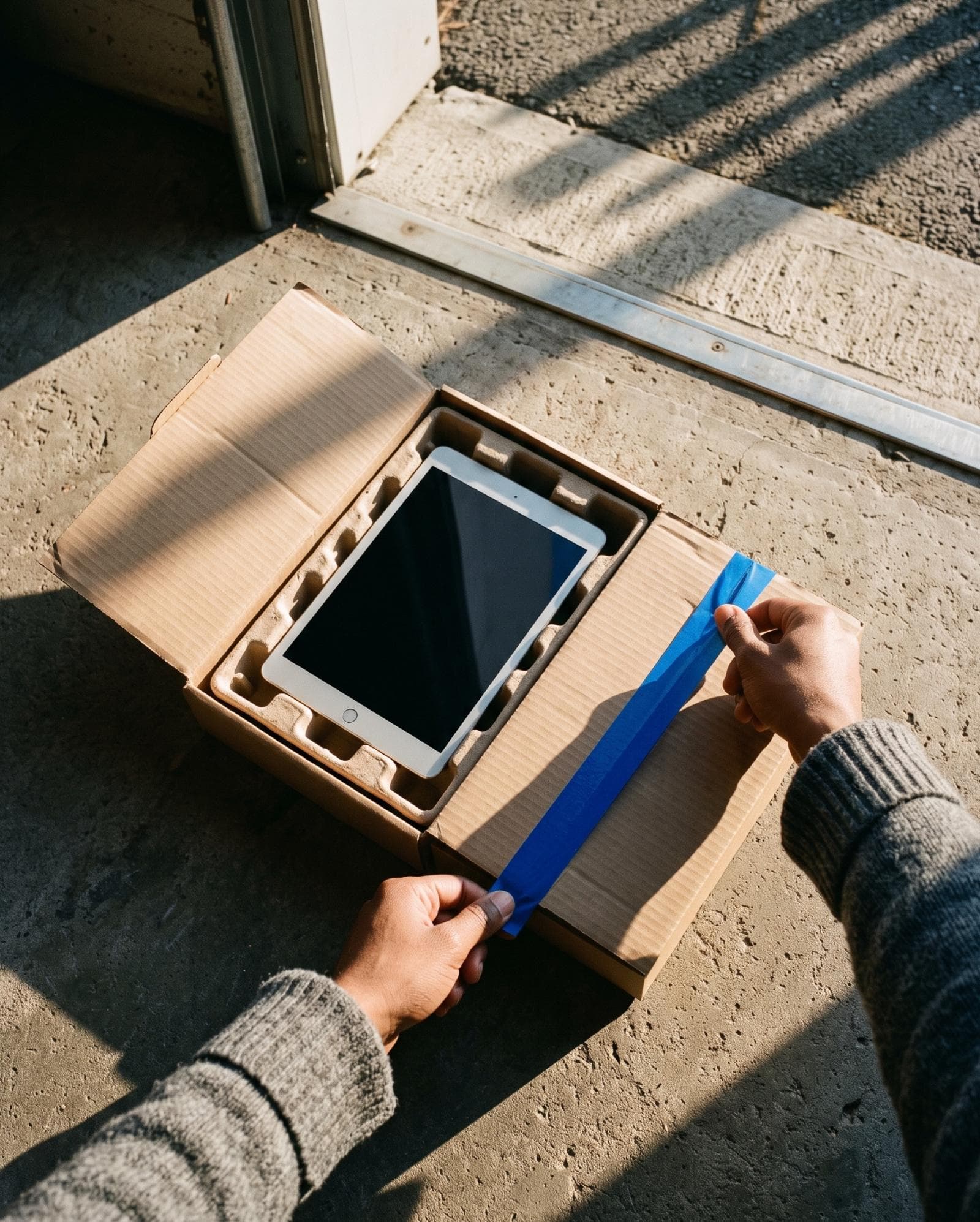 An open box, a tablet and its product sheet