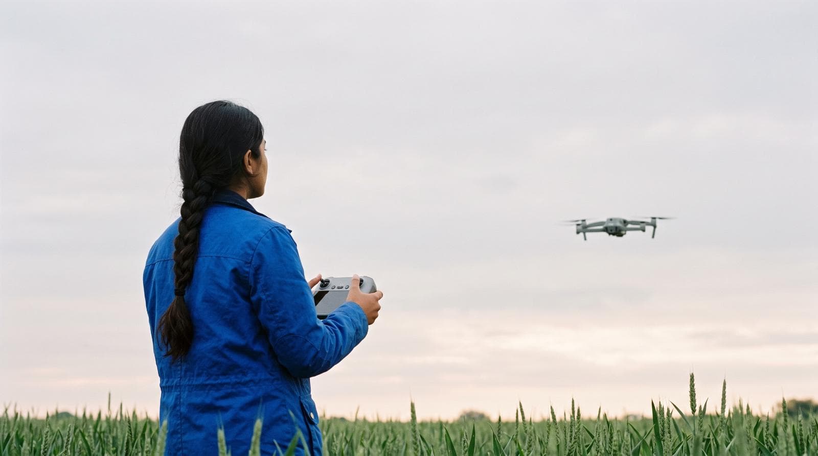 Drone flying over a field