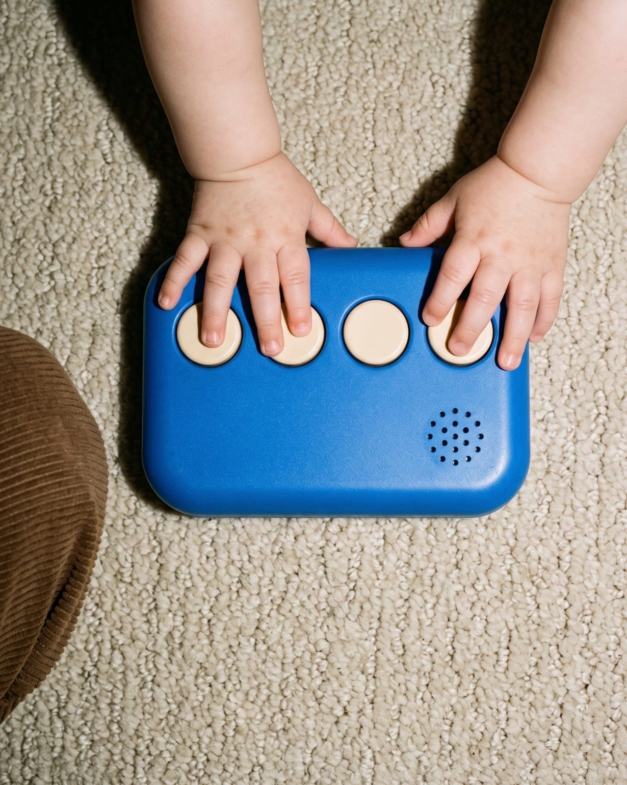 Blue electronic toy with buttons under a baby’s hands