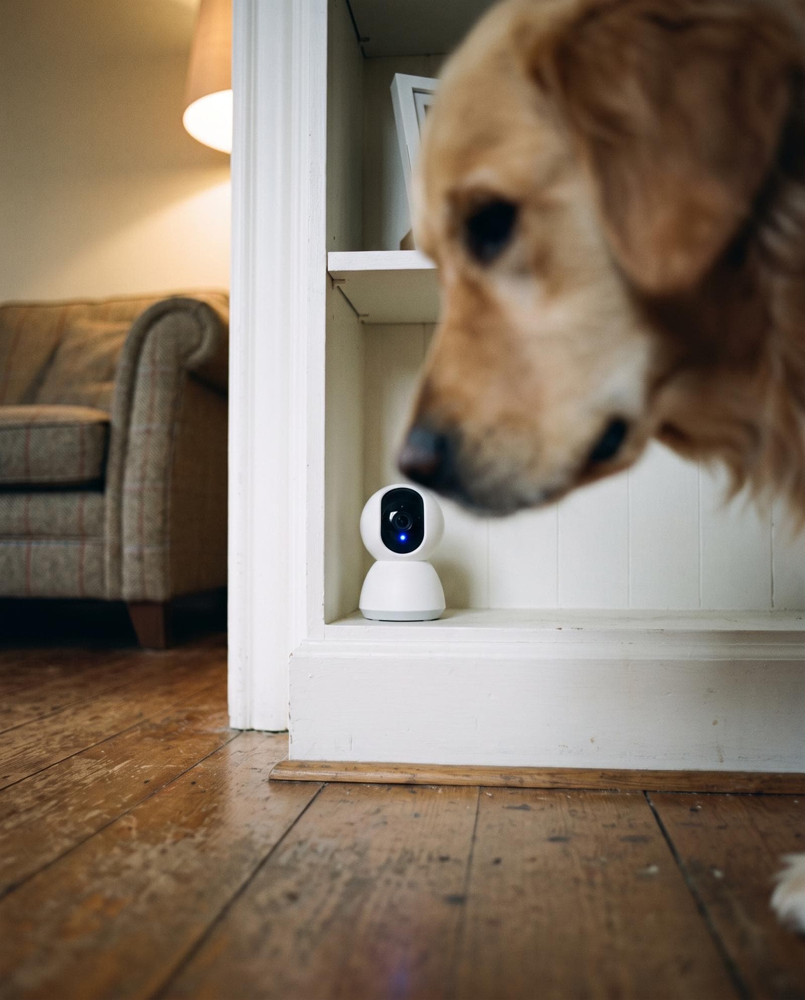 Smart home camera and a dog in a living room