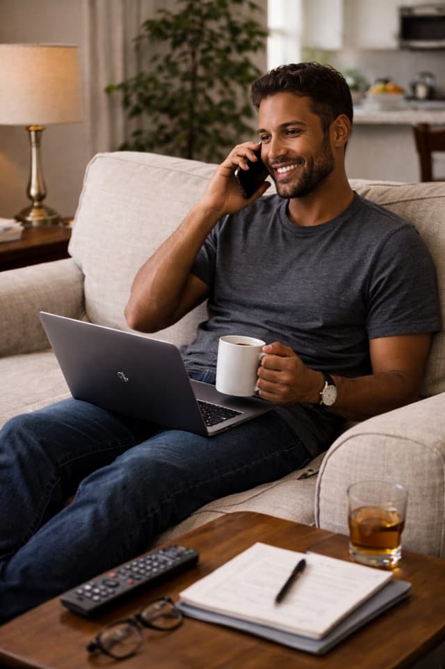 Professional working comfortably with laptop and coffee