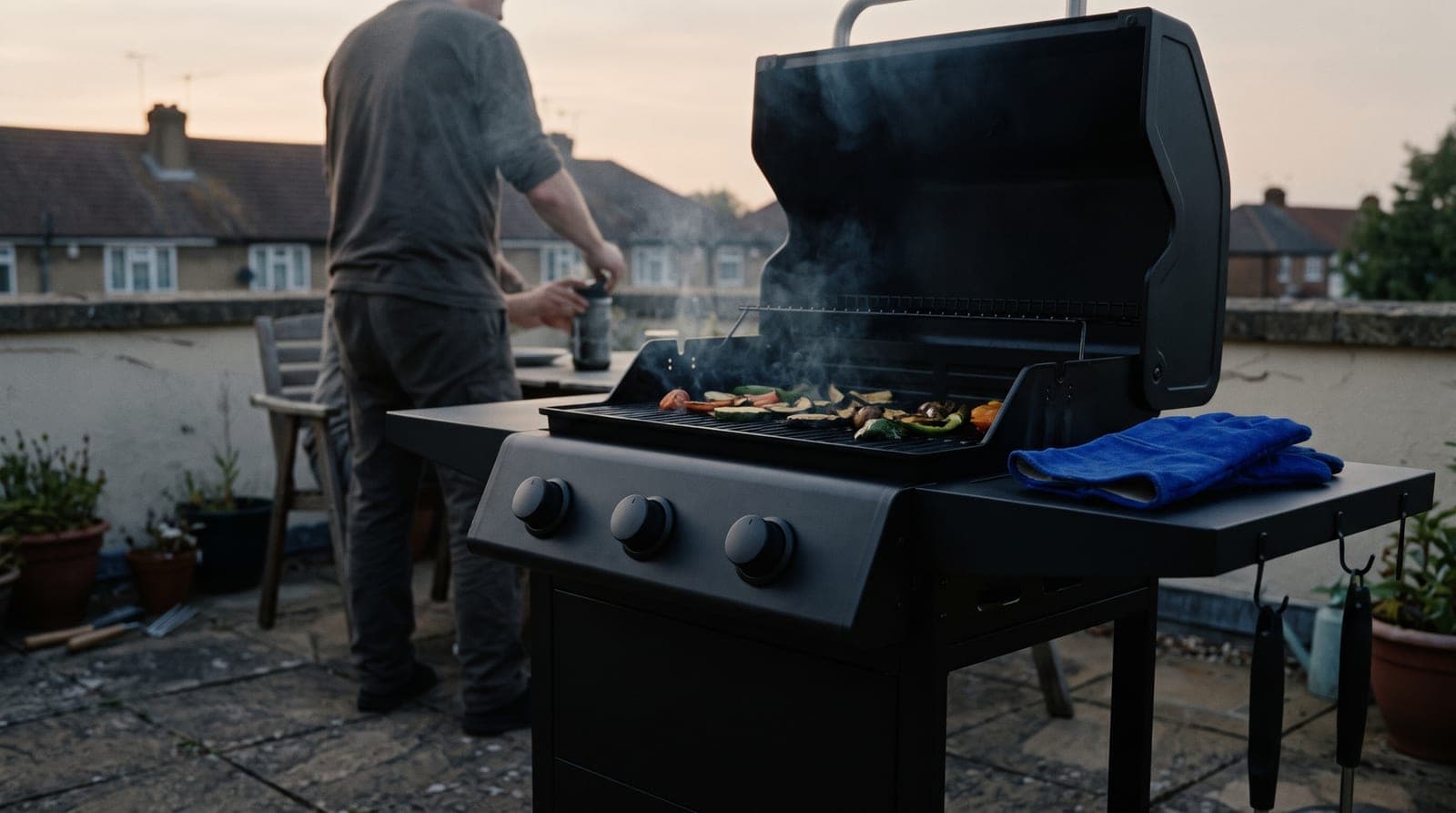 Barbecue à gaz noir ouvert sur une terrasse au crépuscule, légumes sur la grille, gant bleu sur la tablette, quelqu'un de dos