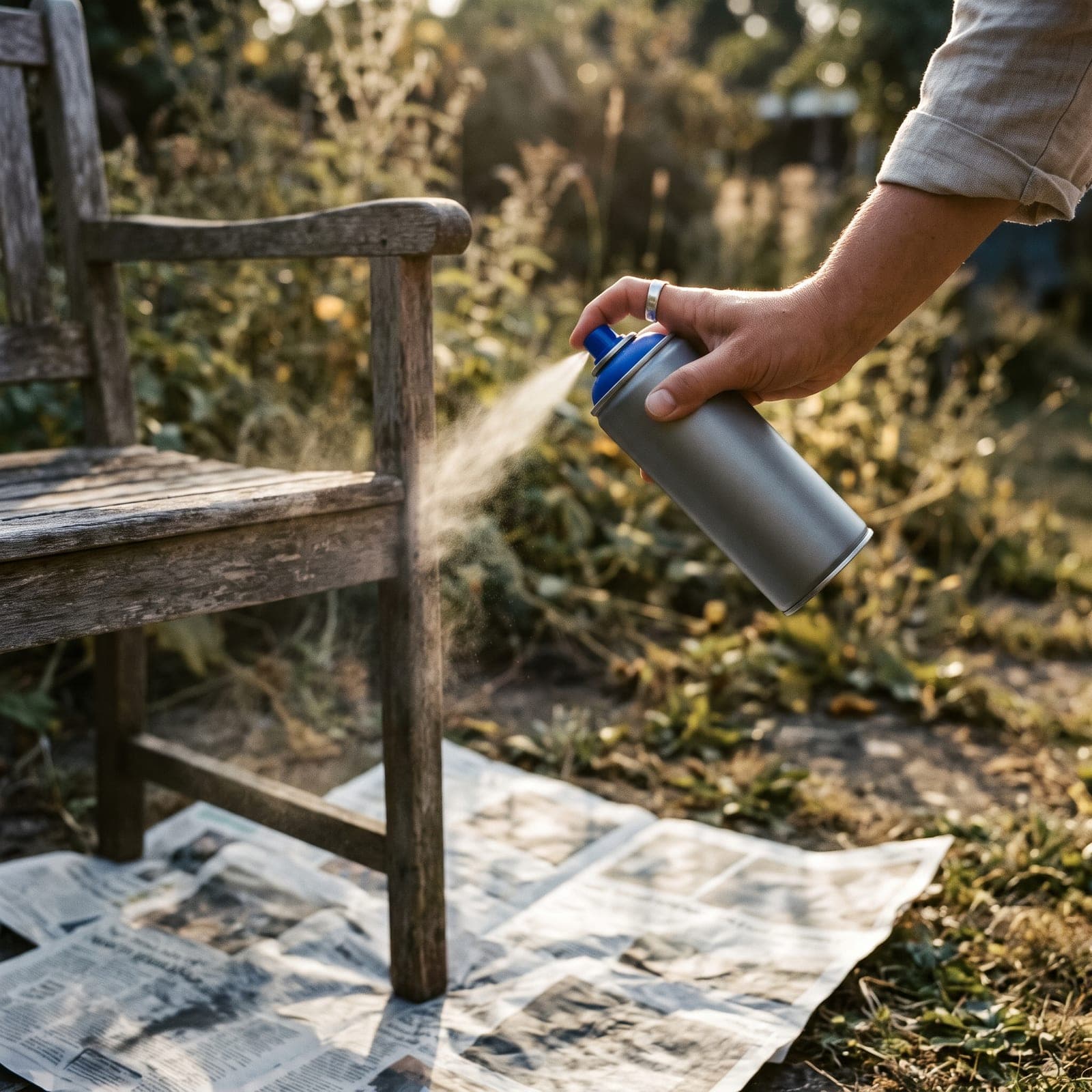 Grey aerosol can with a blue nozzle spraying the leg of an old wooden chair standing on newspaper, in a garden