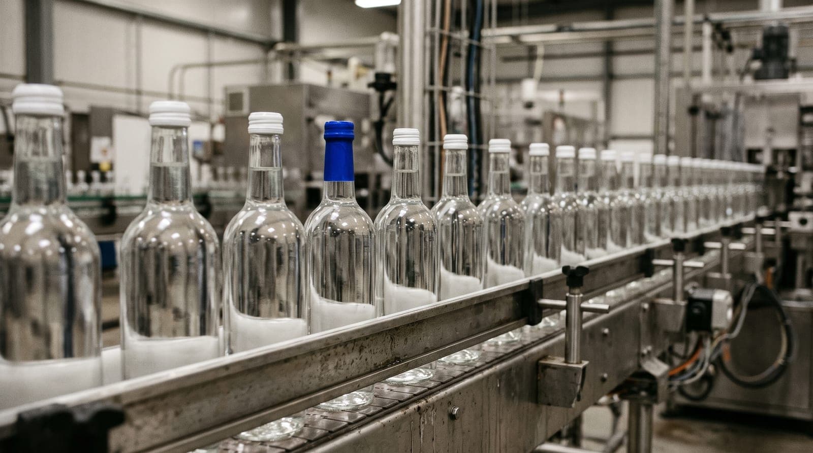 Rangée de bouteilles en verre sans étiquette sur un convoyeur en acier, un seul bouchon bleu parmi les blancs