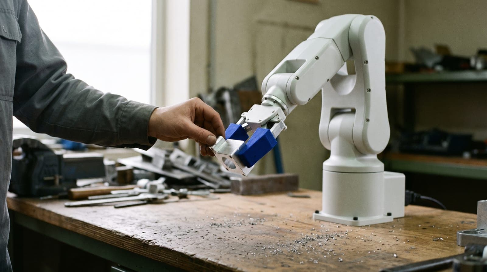 Small white robot arm on a workbench holding an aluminium part, blue gripper pads, a hand adjusting the part