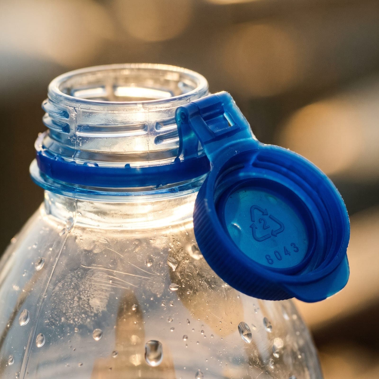 Close-up of a plastic bottle neck, a blue cap flipped open and still tethered to the ring, water drops