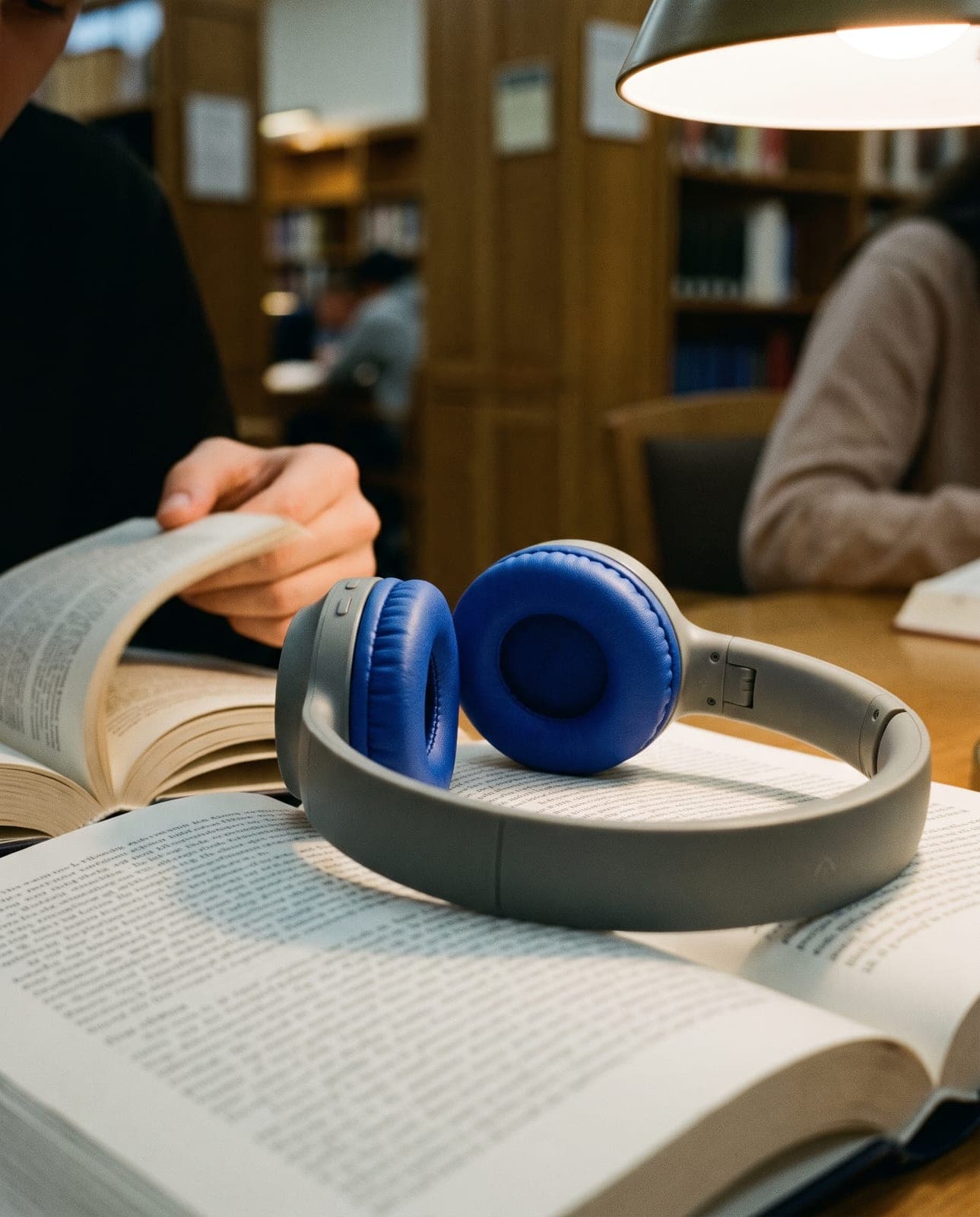 Casque audio gris aux coussinets bleus posé sur un livre ouvert dans une bibliothèque, une main tourne une page