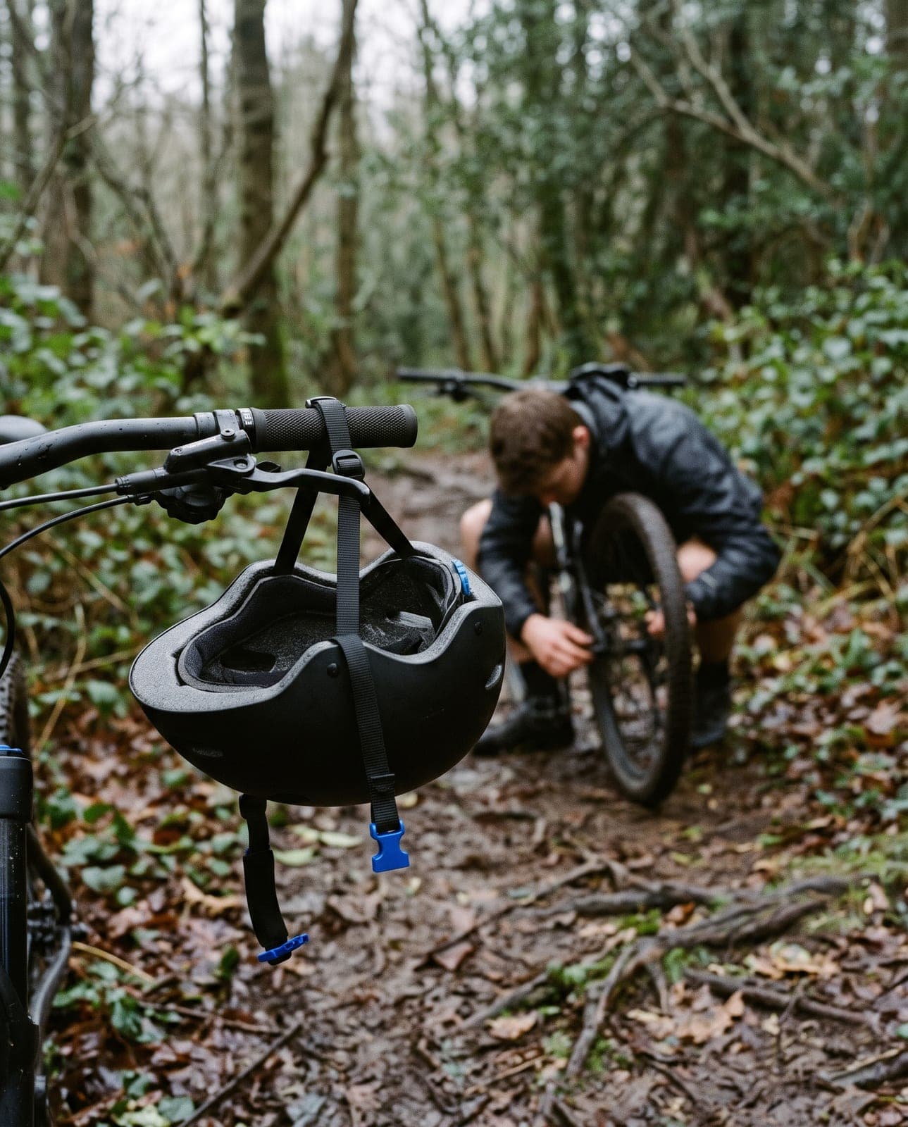 Black bicycle helmet hanging from the handlebar, blue chin-strap buckle, the rider crouched at the rear wheel behind