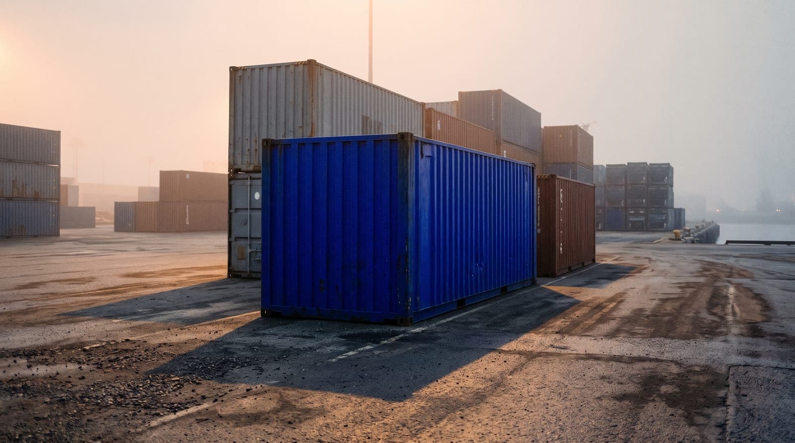 One blue shipping container among stacks of grey and rust containers in a port at dawn, mist on the water