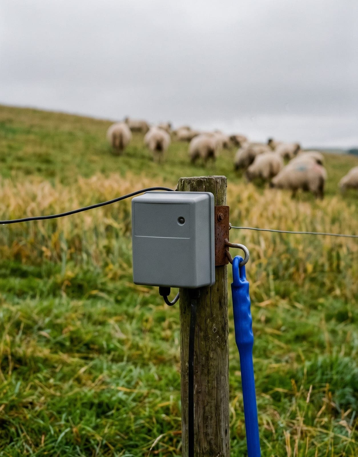 Électrificateur de clôture gris sur un piquet de bois, poignée de barrière bleue, des moutons dans le pré au fond