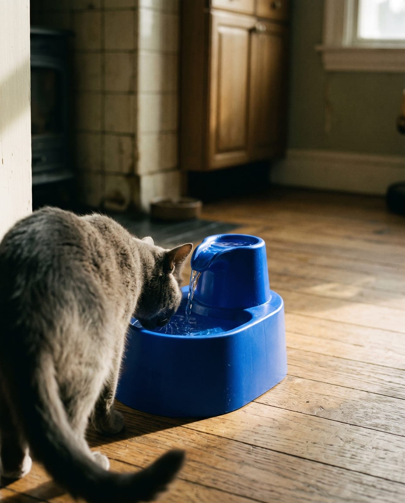 Blue pet water fountain on a kitchen floor, a grey cat drinking, seen from behind