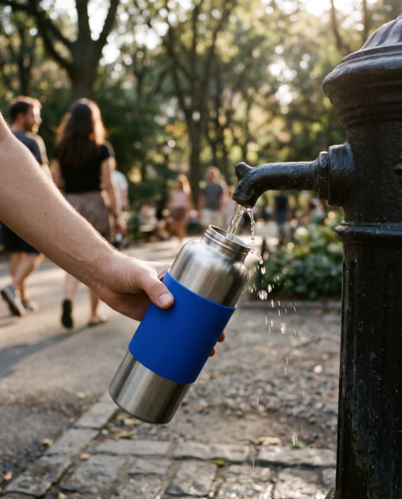 Steel water bottle with a blue sleeve filled at a cast-iron public fountain, walkers in the background