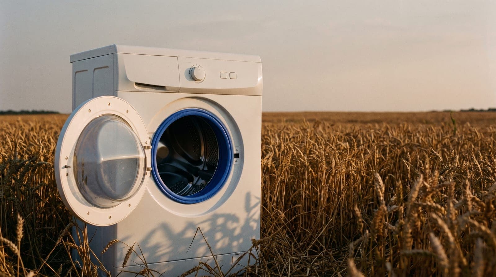 White washing machine alone in a wheat field at sunset, porthole open with a blue door seal
