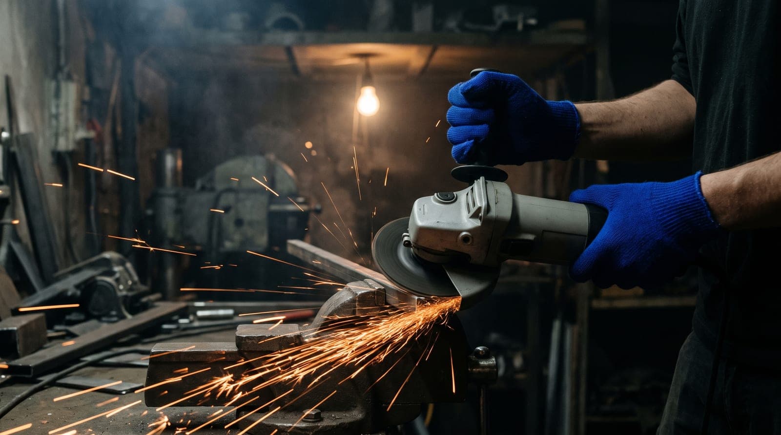 Angle grinder cutting a steel bar in a dark workshop, a shower of sparks, blue work gloves