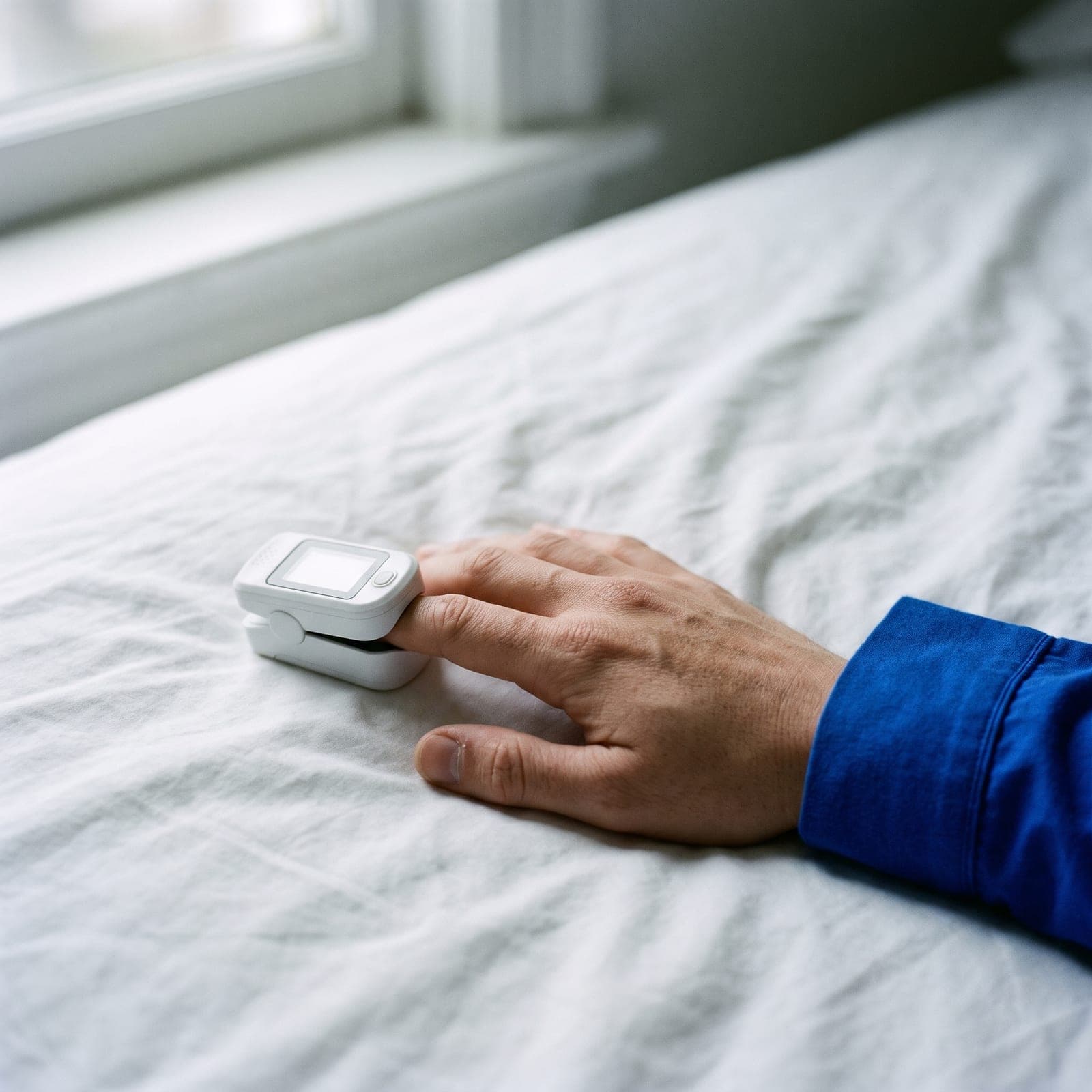 Oxymètre de pouls blanc pincé sur l'index d'une main posée sur un drap blanc, manche de pyjama bleue