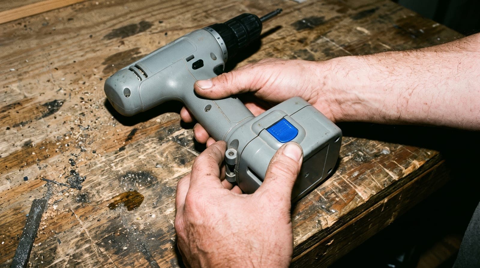 Deux mains clipsent la batterie d'une perceuse sans fil grise sur un établi en bois, bouton de déverrouillage bleu