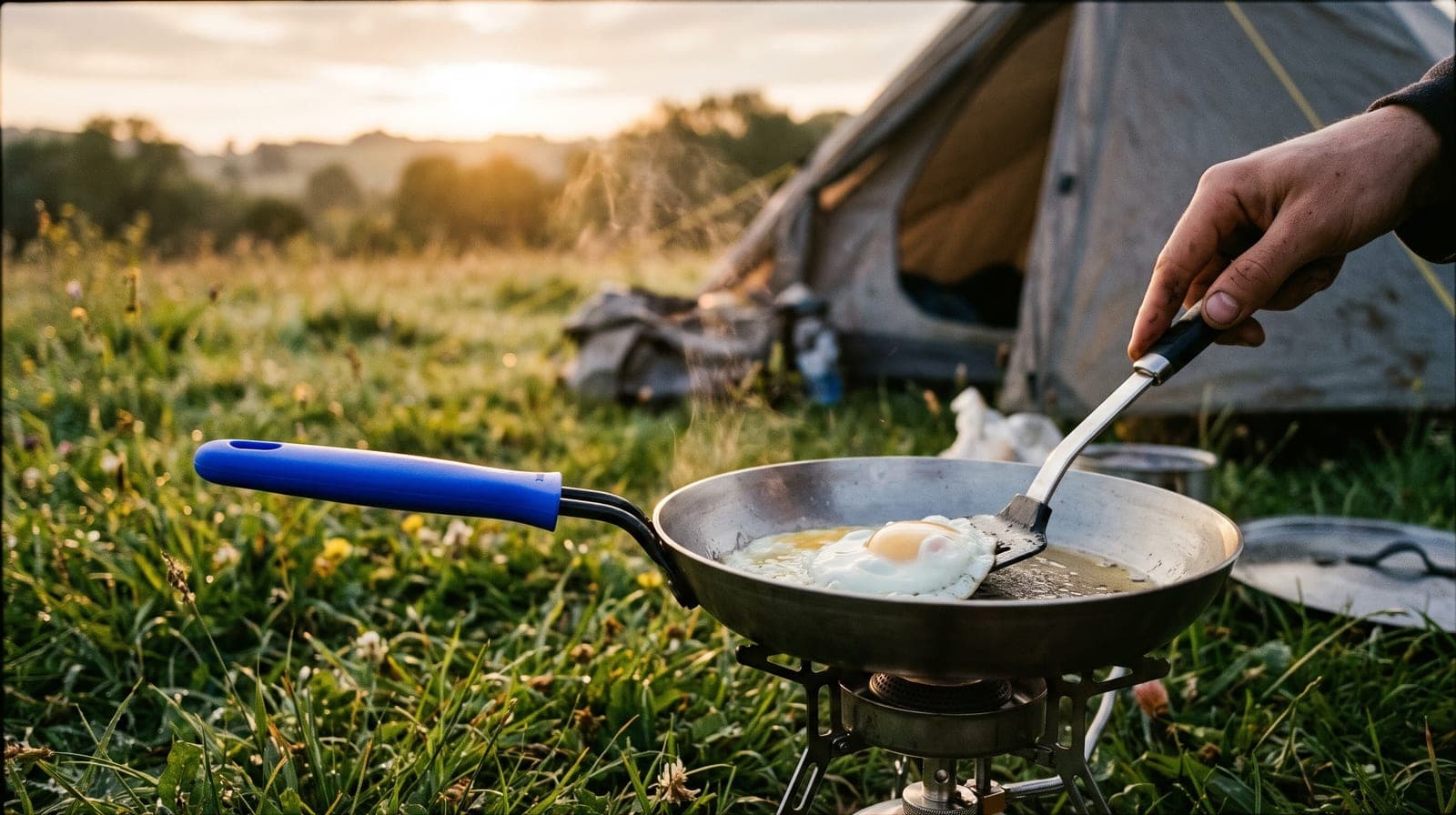 Poêle en acier au manche bleu sur un réchaud de camping dans l'herbe mouillée, un œuf au plat, une tente au fond