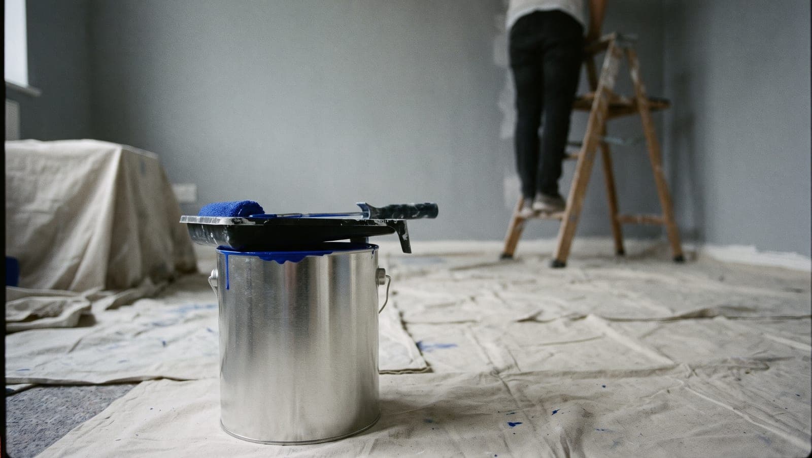 Open paint tin full of blue paint with a roller resting on it, dust sheets on the floor, someone on a stepladder behind