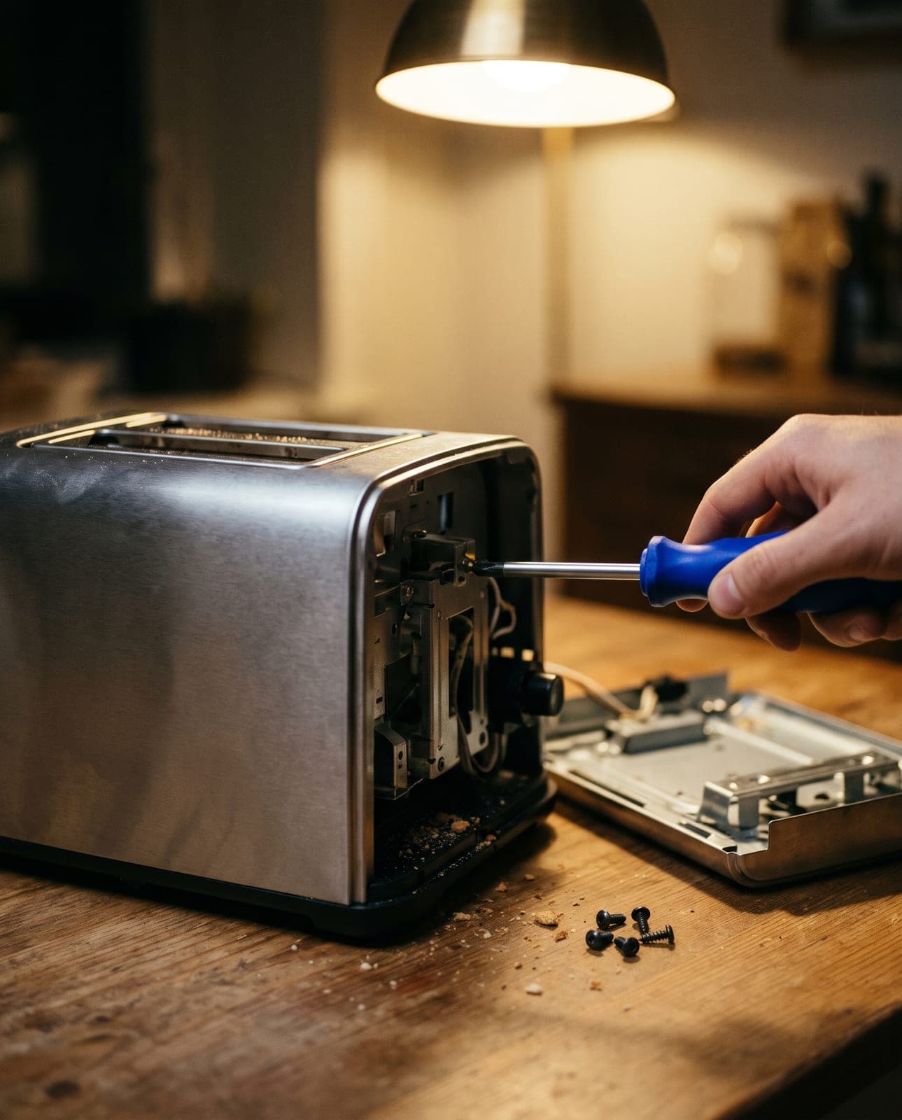 Grille-pain en inox ouvert sur une table de cuisine, panneau et vis à côté, un tournevis au manche bleu dans une main