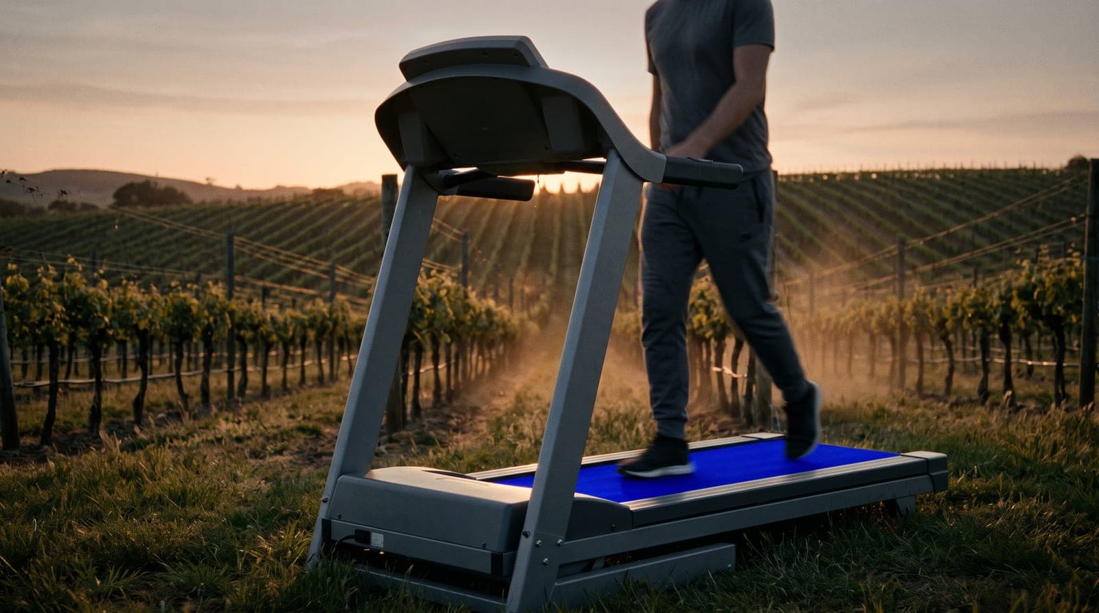Tapis de course gris à la bande bleue planté entre deux rangs de vigne au coucher du soleil, quelqu'un marche dessus de dos