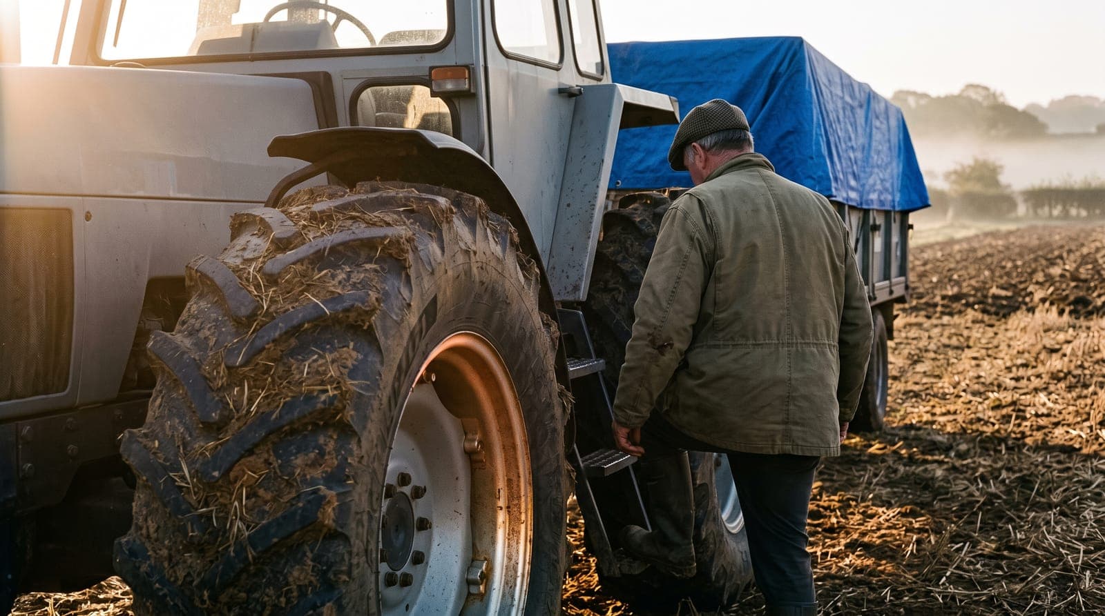 Tracteur à l’aube, un agriculteur de dos, bâche bleue